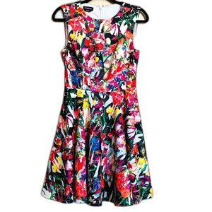 bebe red blue dress floral sleeveless fit and flare dress barbie core size S